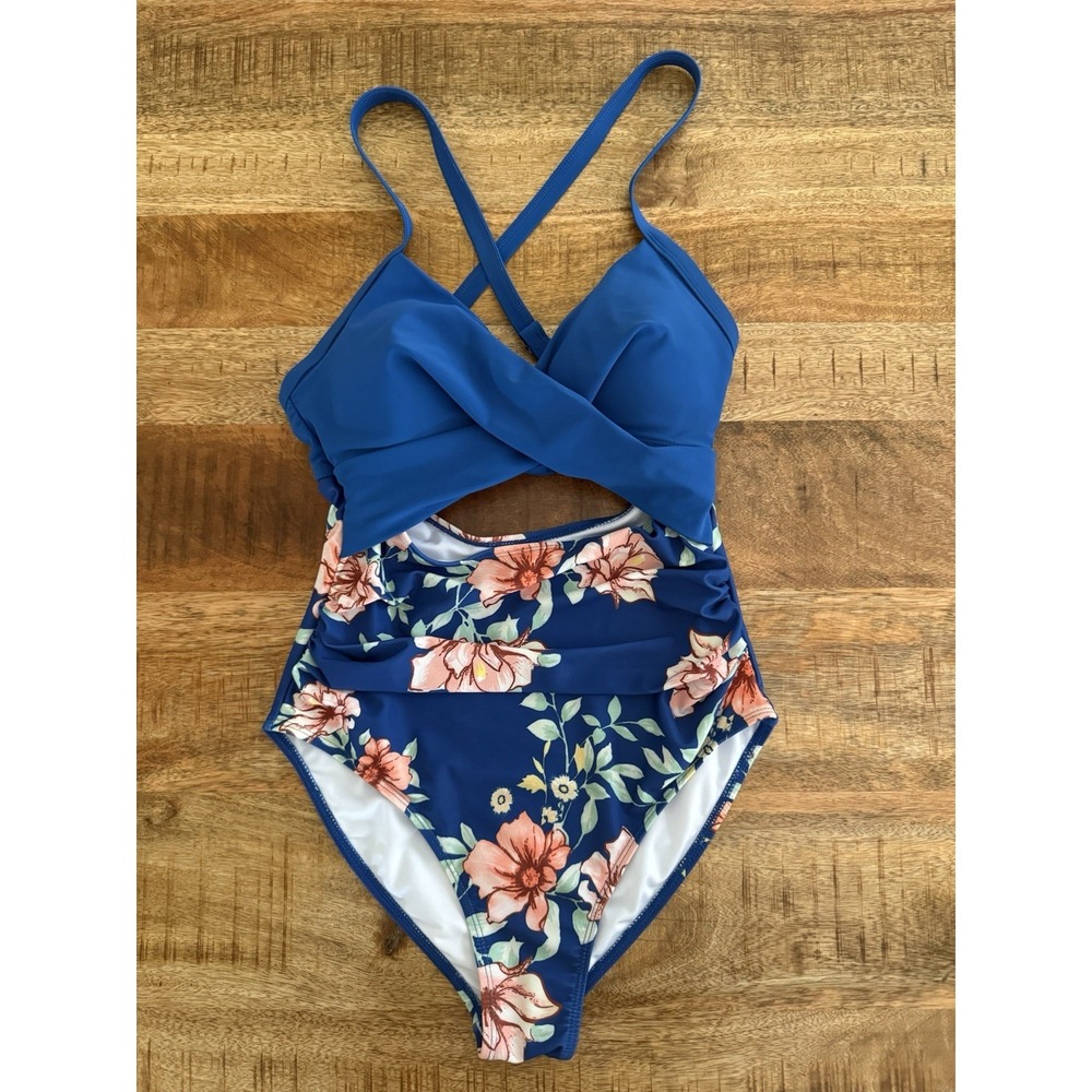 Womens Cutout One Piece Swimsuit Blue Floral Criss Cross Back Size S